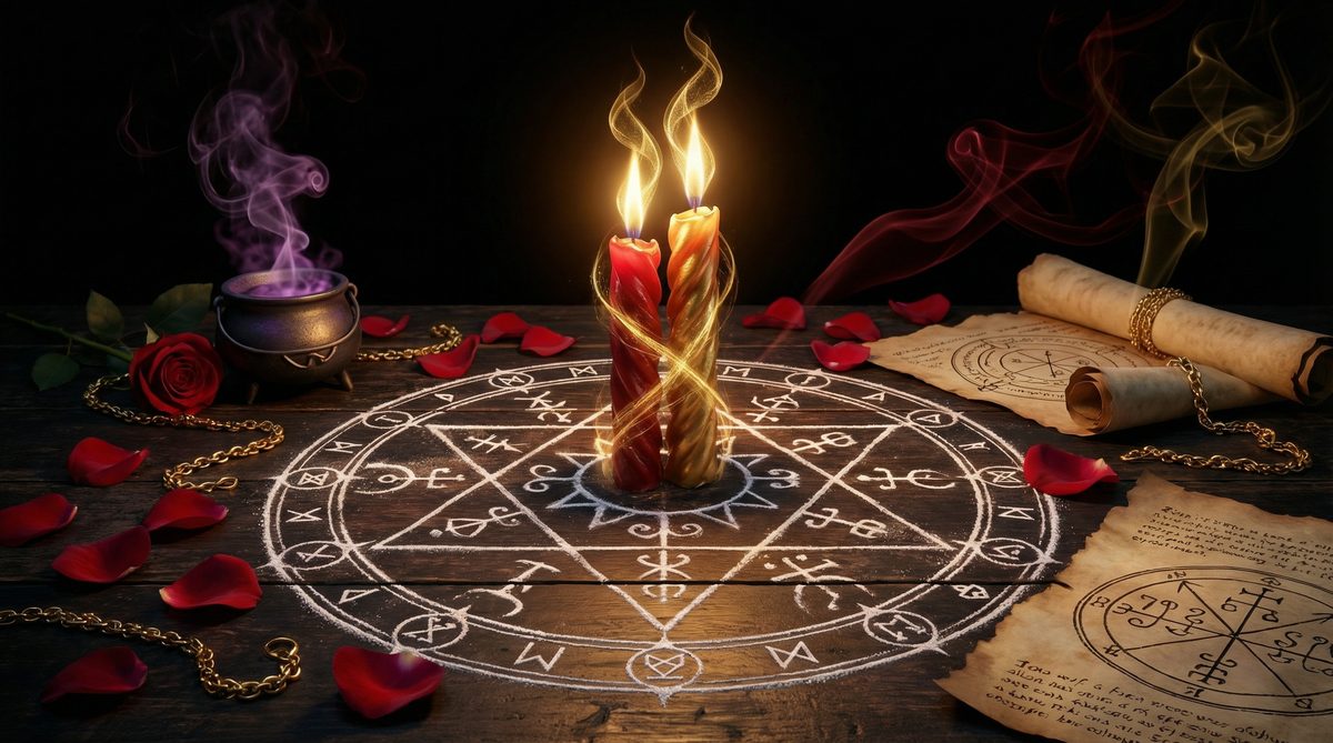 Sacred Vodou love binding ritual altar with mystical candles and spiritual symbols